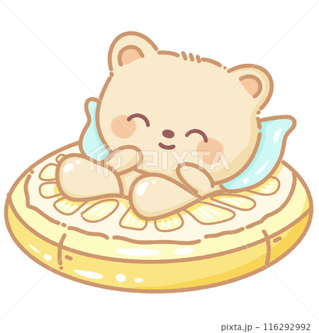 Hand drawn illustration kawaii yellow beige teddy bear laying on a giant lemon inflatable pool float 116292992