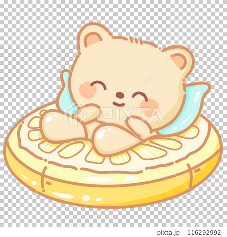 Hand drawn illustration kawaii yellow beige teddy bear laying on a giant lemon inflatable pool float 116292992