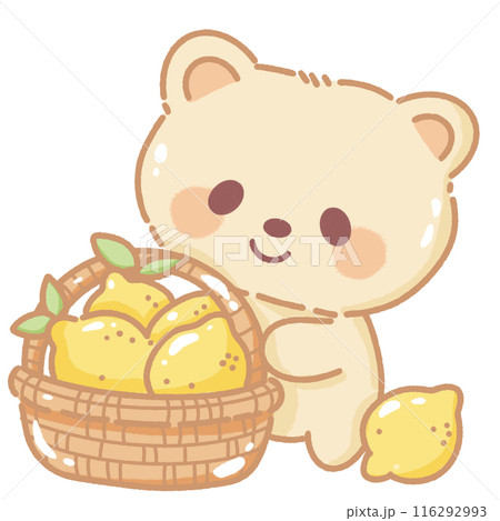 Hand drawn illustration kawaii yellow beige teddy bear holding a basket full with lemons Hand drawn illustration kawaii yellow beige teddy bear holding a basket full with lemons 116292993