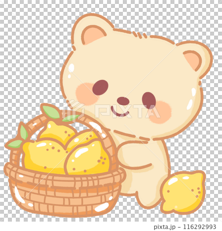 Hand drawn illustration kawaii yellow beige teddy bear holding a basket full with lemons Hand drawn illustration kawaii yellow beige teddy bear holding a basket full with lemons 116292993