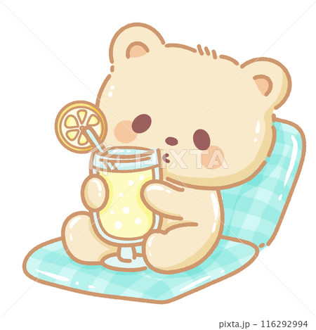 Hand drawn illustration kawaii yellow beige teddy bear drinking a lemonade sitting on a blue chair Hand drawn illustration kawaii yellow beige teddy bear drinking a lemonade sitting on a blue chair 116292994