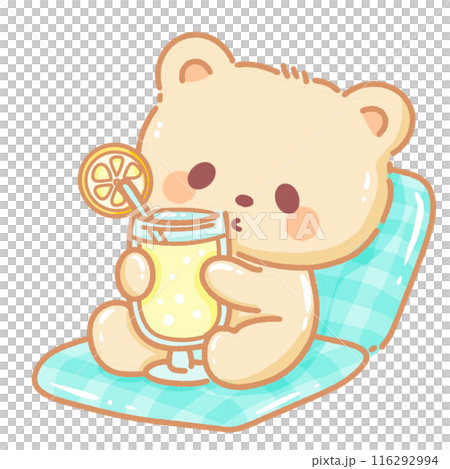 Hand drawn illustration kawaii yellow beige teddy bear drinking a lemonade sitting on a blue chair Hand drawn illustration kawaii yellow beige teddy bear drinking a lemonade sitting on a blue chair 116292994