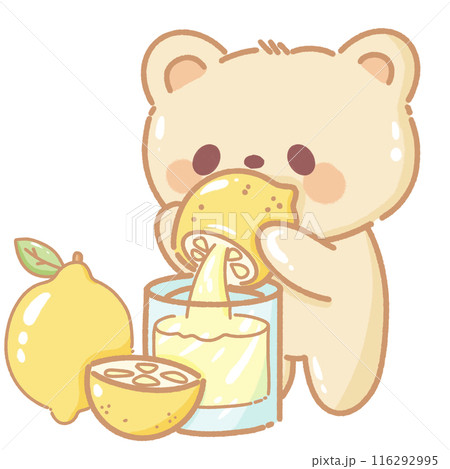 Hand drawn illustration kawaii yellow beige teddy bear squeezing lemon Hand drawn illustration kawaii yellow beige teddy bear squeezing lemon 116292995