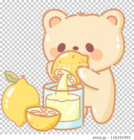 Hand drawn illustration kawaii yellow beige teddy bear squeezing lemon Hand drawn illustration kawaii yellow beige teddy bear squeezing lemon 116292995