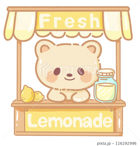 Hand drawn illustration kawaii yellow beige teddy bear selling lemonade at a booth saying fresh lemonade  116292996