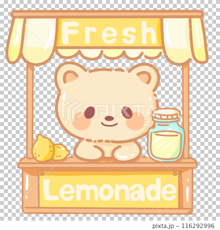 Hand drawn illustration kawaii yellow beige teddy bear selling lemonade at a booth saying fresh lemonade  116292996