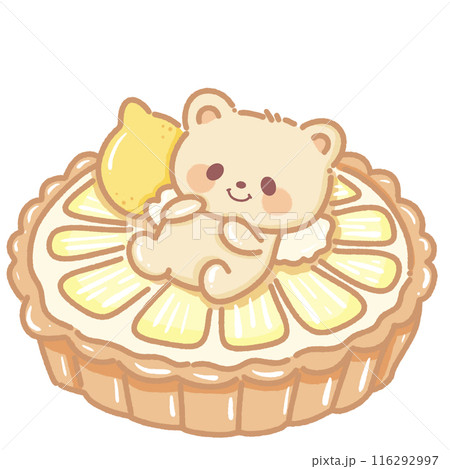 Hand drawn illustration kawaii yellow beige teddy bear laying down on top of a lemon tart Hand drawn illustration kawaii yellow beige teddy bear laying down on top of a lemon tart 116292997