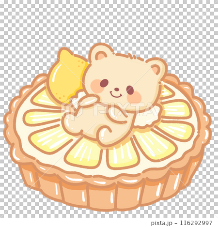 Hand drawn illustration kawaii yellow beige teddy bear laying down on top of a lemon tart Hand drawn illustration kawaii yellow beige teddy bear laying down on top of a lemon tart 116292997