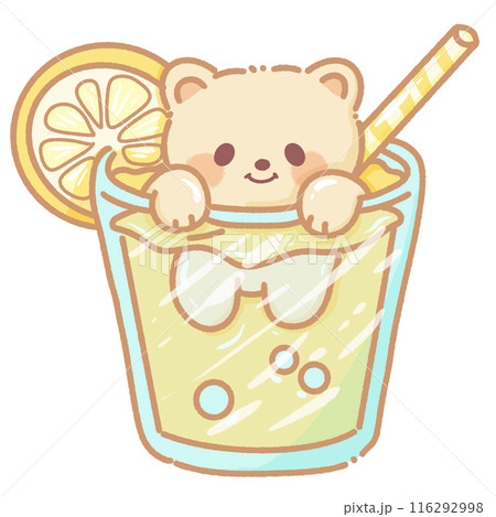 Hand drawn illustration kawaii yellow beige teddy bear inside a glass of lemonade Hand drawn illustration kawaii yellow beige teddy bear inside a glass of lemonade 116292998
