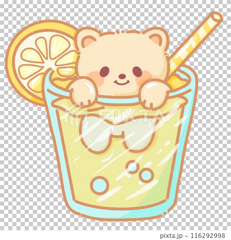 Hand drawn illustration kawaii yellow beige teddy bear inside a glass of lemonade Hand drawn illustration kawaii yellow beige teddy bear inside a glass of lemonade 116292998