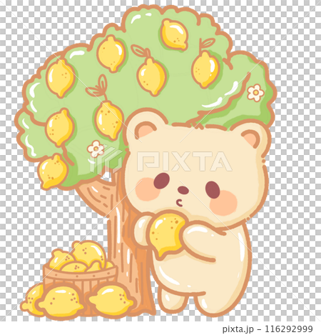 Hand drawn illustration kawaii yellow beige teddy bear picking lemon from a lemon tree Hand drawn illustration kawaii yellow beige teddy bear picking lemon from a lemon tree 116292999