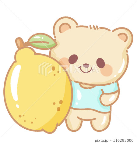 Hand drawn illustration kawaii yellow beige teddy bear standing beside a giant lemon 116293000