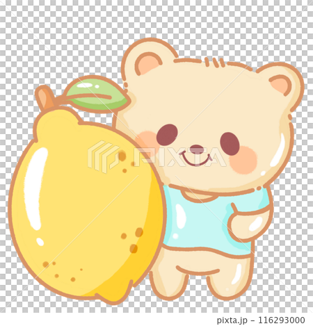 Hand drawn illustration kawaii yellow beige teddy bear standing beside a giant lemon 116293000