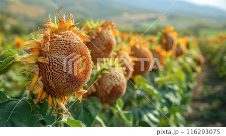 Dry ripe field sunflowers, blossoms reaching towards sun, blue sky background. Concept agricultural 116293075