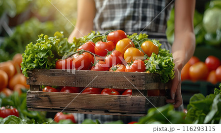 Farmer holding wooden box full fresh vegetables. Basket vegetable. Agriculture harvest 116293115