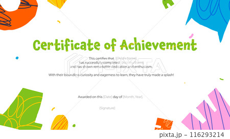 Childish certificate background for kids. Fun and bold. Diploma with shapes and scribble texture. Playful school template. Vector trendy design. 116293214