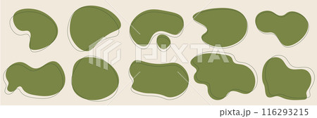 A set of abstract green rounded liquid blob shapes. Irregular random fluid design figures rounded elements. Vector trendy illustration with thin lines as a png. 116293215