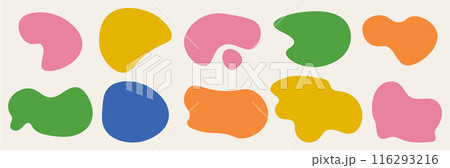 A kit of abstract simple rounded liquid blob shapes. Irregular random fluid design rounded elements. Vector trendy illustration on beige bg as a png. 116293216