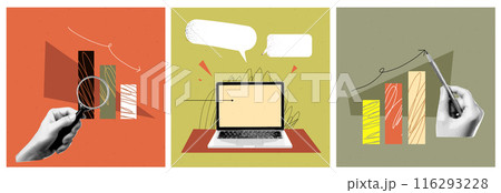 Set of three square illustration of the theme of finance. Down and up chart with collage halftone hand with pencil and magnifying glass. Laptop workspace. Vector trendy abstract popart banner 116293228