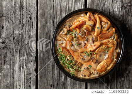 chicken stroganoff in a baking dish, top view chicken stroganoff in a baking dish, top view 116293326