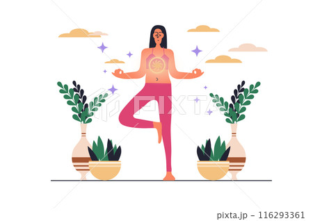 Spiritual development web concept with people scene in flat design. Woman standing in yoga position making meditation and breathing for awareness. Vector illustration with character situation for web Spiritual development web concept with people scene in flat design. Woman standing in yoga position making meditation and breathing for awareness. Vector illustration with character situation for web 116293361