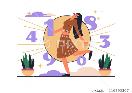 Numerology web concept with people scene in flat design. Woman counts important dates and numbers for predicts fate, making in esoteric mystery. Vector illustration with character situation for web Numerology web concept with people scene in flat design. Woman counts important dates and numbers for predicts fate, making in esoteric mystery. Vector illustration with character situation for web 116293367