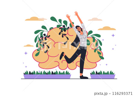 Mental health web concept with people scene in flat design. Happy woman supporting herself, thinks positively and calm, taking care of brain. Vector illustration with character situation for web Mental health web concept with people scene in flat design. Happy woman supporting herself, thinks positively and calm, taking care of brain. Vector illustration with character situation for web 116293371