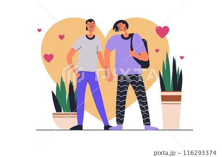 LGBT gay couple web concept with people scene in flat design. Men in romantic relationship hold hands and walking together, standing and flirting. Vector illustration with character situation for web LGBT gay couple web concept with people scene in flat design. Men in romantic relationship hold hands and walking together, standing and flirting. Vector illustration with character situation for web 116293374
