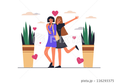 Lesbian couple web concept with people scene in flat design. Women in romantic relationship hugging and walking together, embracing and flirting. Vector illustration with character situation for web Lesbian couple web concept with people scene in flat design. Women in romantic relationship hugging and walking together, embracing and flirting. Vector illustration with character situation for web 116293375