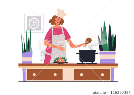 Cooking at home web concept with people scene in flat design. Woman in apron preparing homemade food in utensils according to recipes in kitchen. Vector illustration with character situation for web 116293387