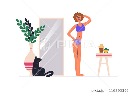 Body positive web concept with people scene in flat design. Beautiful slim woman in underwear posing and looking lovingly at herself in mirror. Vector illustration with character situation for web 116293393