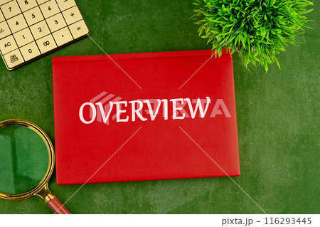 Conceptual overview word symbol. Copy space. Overview word written on a red business notebook on a gorgeous green background 116293445