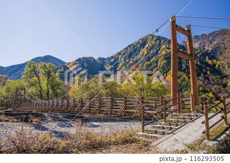 《秋の上高地》明神橋と色付く山々 116293505