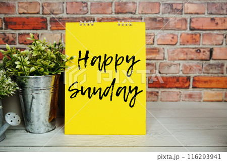 Hello Sunday text message and artificial plant in metal vase decoration on wooden background Hello Sunday text message and artificial plant in metal vase decoration on wooden background 116293941