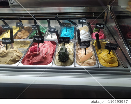 Different flavors of italian ice cream at Genoa Italy Different flavors of italian ice cream at Genoa Italy 116293987