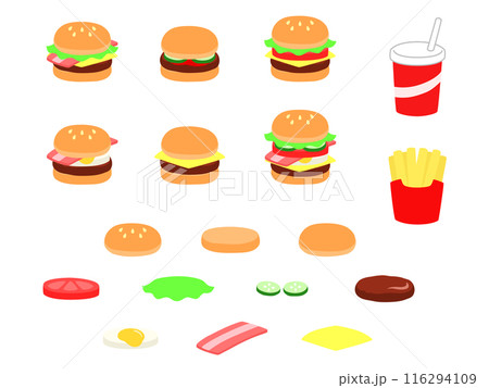 ハンバーガーのメニューと具材のイラストセット ハンバーガーのメニューと具材のイラストセット 116294109