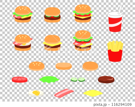 Hamburger menu and ingredients illustration set 116294109