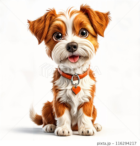 Brown and white dog with red collar. 116294217