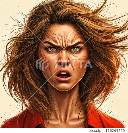 Woman with red hair and a scowl. 116294220