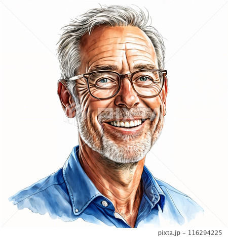 Man with gray hair and beard, wearing glasses and blue shirt. 116294225