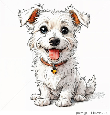 Small white dog with red collar and tongue out. 116294227