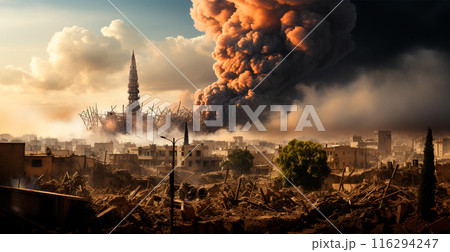 Bomb explosion in Palestine, Israeli attack on Gaza, eastern war - AI generated image 116294247