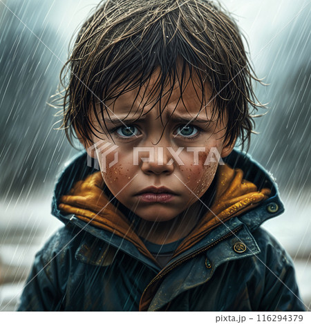 Young boy with wet hair and a sad expression. 116294379