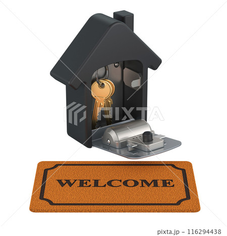 Security lock box with keys inside and welcome doormat. 3D rendering 116294438