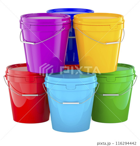 Heap of Colored Plastic Paint Buckets, 3D rendering Heap of Colored Plastic Paint Buckets, 3D rendering 116294442