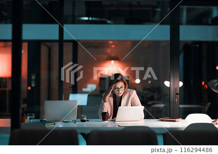 Night, stress or business woman thinking on laptop in office with headache, glitch or frustrated by 404. Working late, vertigo or manager with brain fog, fatigue or overwhelmed by project deadline 116294486