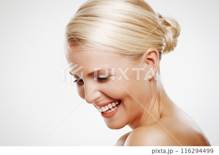 Laugh, studio and woman with natural makeup for skincare, cosmetics and beauty on white background. Happy, dermatology and female person for self care with aesthetic, skin treatment and mockup space 116294499