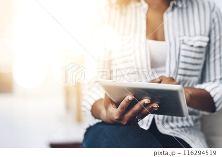 Woman, tablet and hands typing for social media post, communication or online news and email. Female person, technology and writing message for internet research, web browsing and networking 116294519