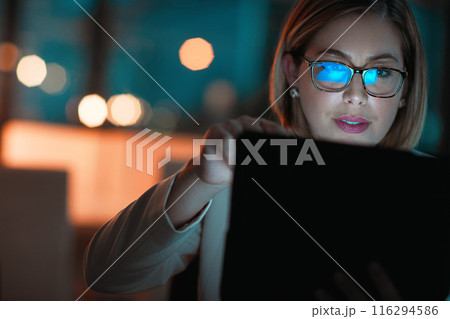 Corporate woman, technology and working at night in office for company agenda, research and planning. Executive, tablet and reading email or report for business results, glasses and revenue with data 116294586