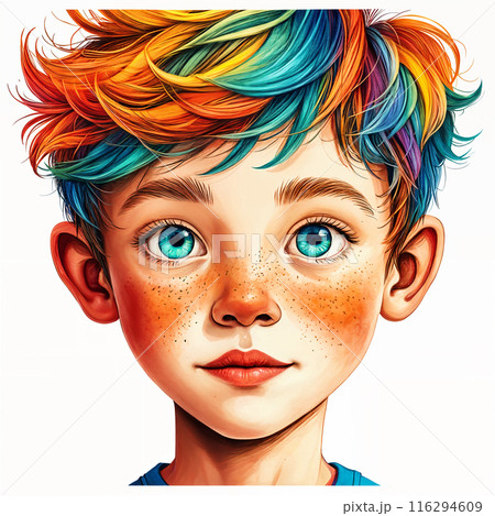 Boy with colorful hair and blue eyes.のイラスト素材 [116294609] - PIXTA